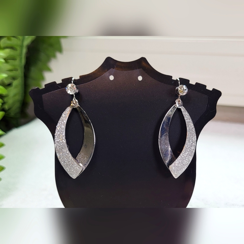 Silver Glitter and Rhinestone Statement Dangle Earrings / Pierced